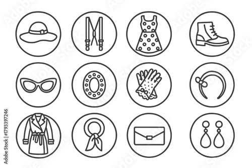 Retro Fashion Icons. Line style round icons of retro fashion: floppy hat, suspenders, polka dot dress, leather boots; cat eye