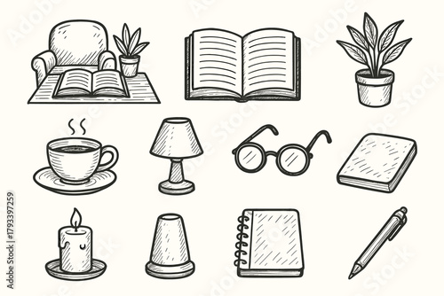 Book icon candle pen notebook desk peaceful icons open plant area vector