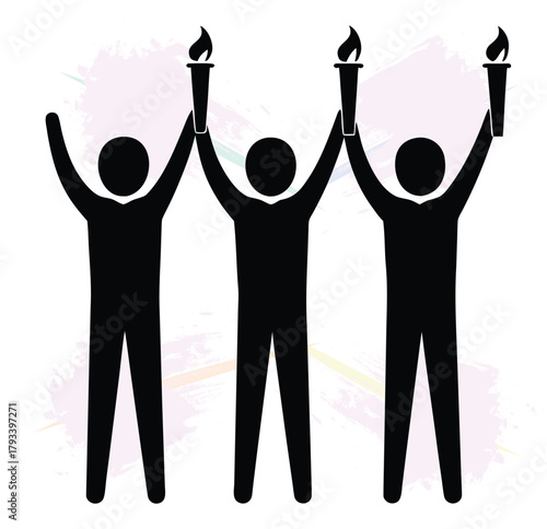 Group of stylized people holding torches in silhouette against a colorful background illustration