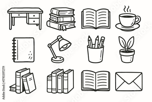 Icon desk notebook lamp book icons plant envelope study collection holder pot