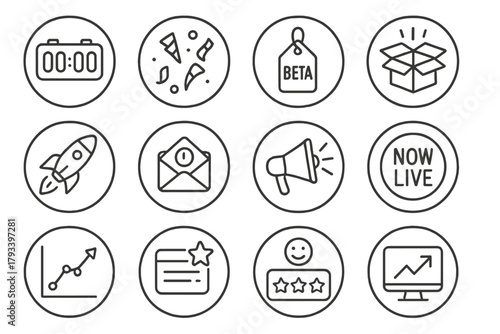 Product Launch Icons. Line style round icons of product launch: countdown timer, confetti icon, beta tag, release box; launch