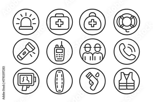 Emergency Operations Icons. Line style round icons of emergency operations: siren, first aid kit, med bag, lifeline; flashlight,