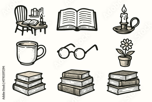 Flower books vector open book potted stack icon vintage candle mug