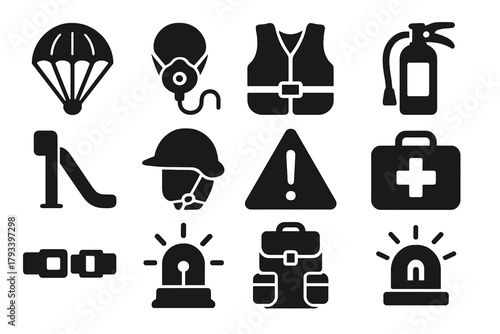 Aviation Safety Essentials Icons. Solid style icons of aviation safety: parachute, oxygen mask, life vest, fire extinguisher,