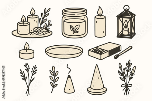 Scented icon candle pillar vector set cozy light tray incense flowers