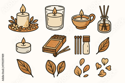 Icons glass arrangement vector petals candle icon decorative aroma matches holder setup