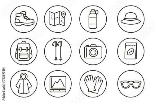 Hiking Essentials Icons. Line style round icons of trail essentials: hiking boots, map, water bottle, hat; backpack, trekking