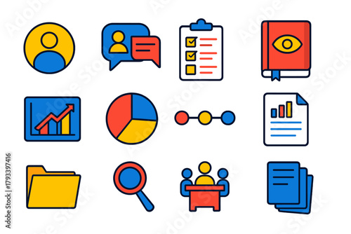Colorful Vector Icons. Flat vector icons of Case Studies: Profile Icon, Interview, Survey Form, Observation Notebook, Graph, Chart