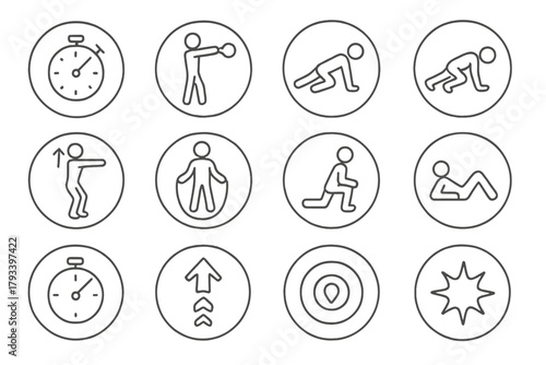 HIIT Workout Icons. Line style round icons of HIIT workout: timer, kettlebell swing, burpee, mountain climber; squat jump, jump