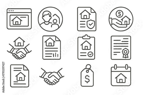 Real Estate Icons. Line style round icons of real estate transactions: listing page, buyer profile, escrow file, down payment;