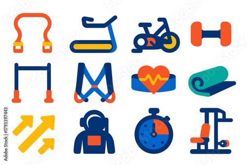 Space Exercise Icons. Flat vector icons of exercise in space: resistance band, treadmill, bicycle, dumbbell, pull-up bar, harness,