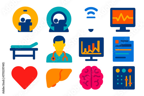 Modern Medical Icons. Flat vector icons of Diagnostic Imaging: CT Slice, MRI Tube, Ultrasound Probe, Monitor, Patient Table,