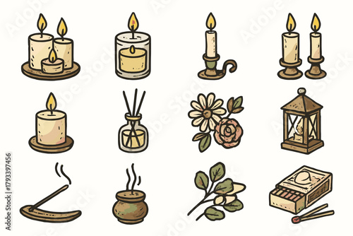 Collection light vector candles wax flowers lantern holders bottle icon candle