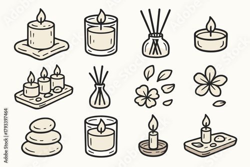 Glass set candle icon petals cozy stones tray home atmosphere vector