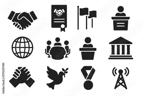 International Alliance Icons. Solid style icons of international alliances: handshake, treaty document, flag cluster, summit table