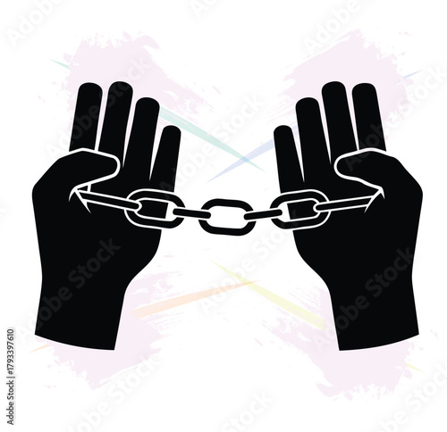 Hands breaking free from chain representing liberation and empowerment with abstract background