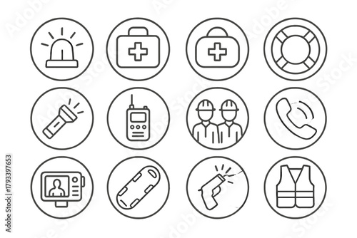 Emergency Operations Icons. Line style round icons of emergency operations: siren, first aid kit, med bag, lifeline; flashlight,