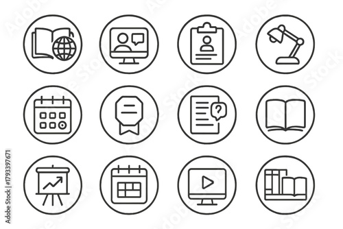 Upskilling Line Icons. Line style round icons of upskilling and learning: course icon, webinar screen, skill tracker, study lamp;