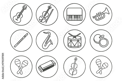Musical Instrument Icons. Line style round icons of musical instruments: guitar, violin, piano, trumpet; flute, saxophone, drum,