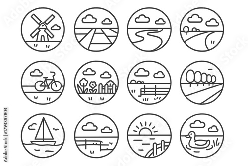 Dutch Landscape Icons. Line style round icons of Dutch landscape: windmill, polder, river, canal; cloud sky, bicycle path, garden,