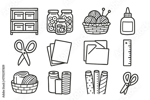Craft yarn icon rolls fabric icons organization bottle ruler basket scissors vector