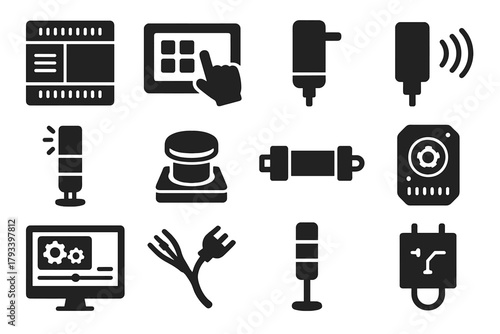 Automation System Icons. Solid style icons of automation systems: PLC controller, touchscreen interface, actuator, proximity