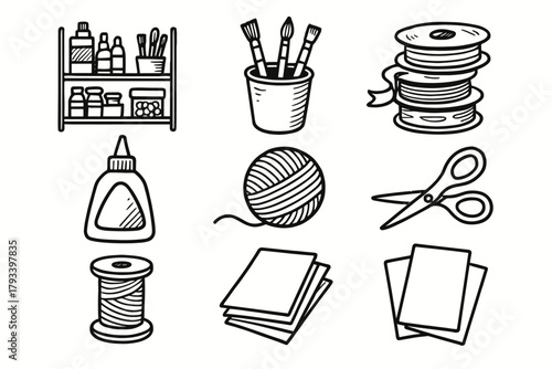Creative paper vector shelf glue storage sheets icons cup craft icon paintbrush