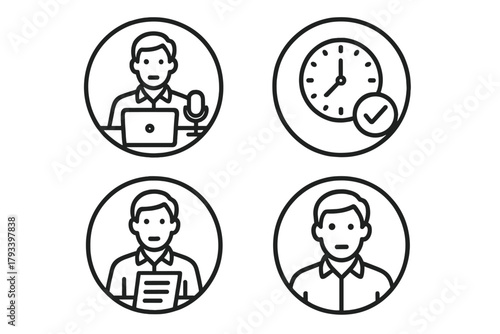 Remote Professional Icons. Line style round icons of remote professionalism: avatar, clean desk, neutral background, light shirt;