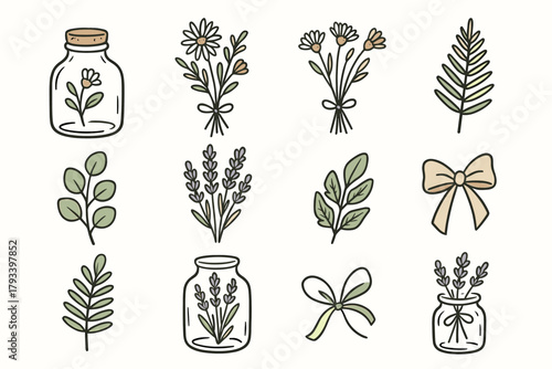 Vector ribbon dried bouquet bottle icon jar cozy bow icons floral glass