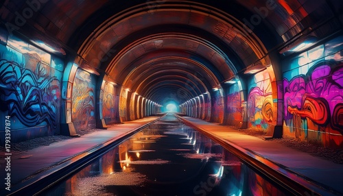this is a photo i took of the underground tunnel a tunnel with a reflection of a building an abandoned train station with graffiti on the walls