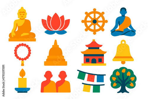 Buddhism Icon Set. Flat vector icons of Buddhism Symbols: Buddha Statue, Lotus Flower, Dharma Wheel, Meditation Pose, Prayer Beads