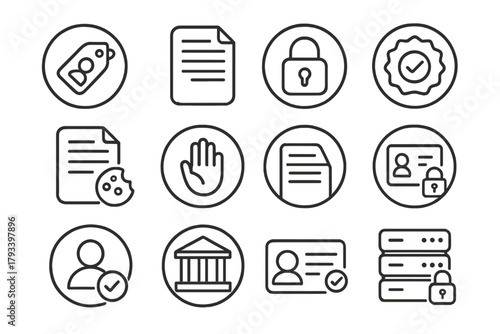 Data Protection Icons. Line style round icons of data protection law: data privacy tag, encrypted file, lock symbol, compliance