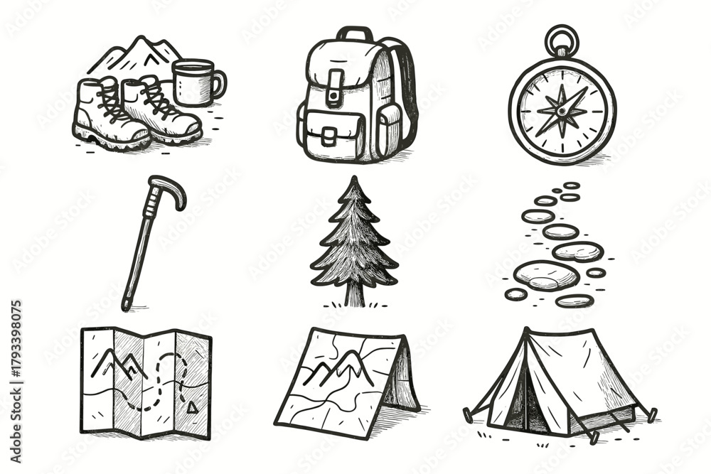 Fototapeta premium Tree stick path map backpack icons vector forest tent trail compass walking