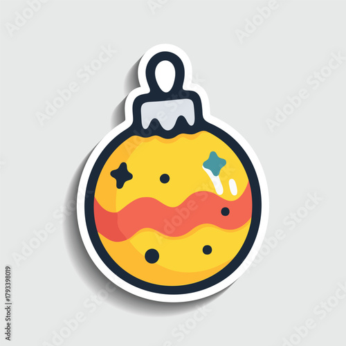 Cute Christmas Bauble Sticker. Cartoon Holiday Tree Ornament Vector Illustration.