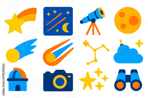 Perseids Meteor Icons. Flat vector icons of Perseids Meteor Shower: Shooting Star, Night Sky, Telescope, Moon, Comet, Meteor Trail