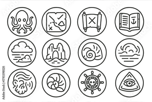 Legendary Tales Icons. Line style round icons of legendary tales: kraken myth, explorer map, ancient scroll, sailor log; creature