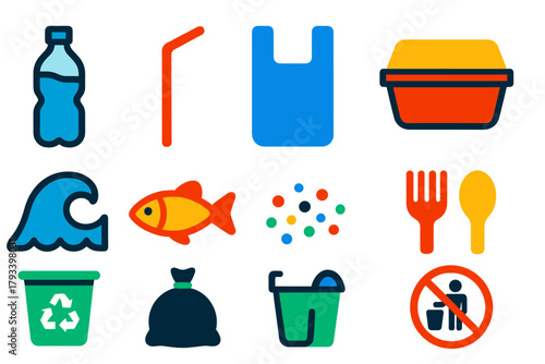 Plastic Waste Icons. Flat vector icons of Plastic Waste: Plastic Bottle, Straw, Bag, Container, Ocean Wave, Fish, Recycling Bin,