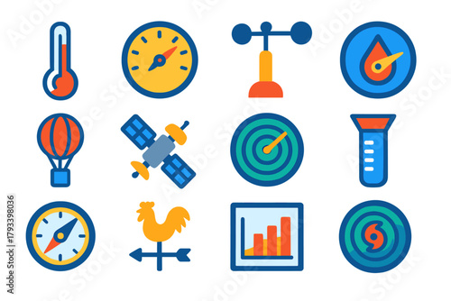 Climate Science Icons. Flat vector icons of Climate Science Tools: Thermometer, Barometer, Anemometer, Hygrometer, Weather Balloon