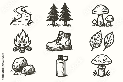 Icon vector forest bottle rocks water trees mushrooms boots nature trail icons