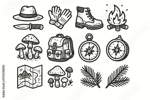 Backpack trail compass hiking mushrooms icon vector branch gear icons map forest