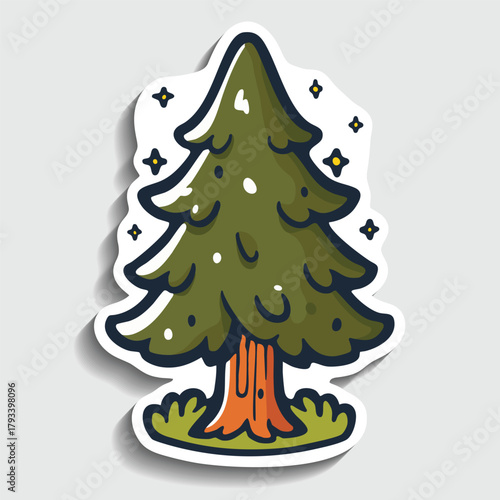 Cute Christmas Tree Sticker. Cartoon Evergreen Pine or Fir Tree Vector Illustration.