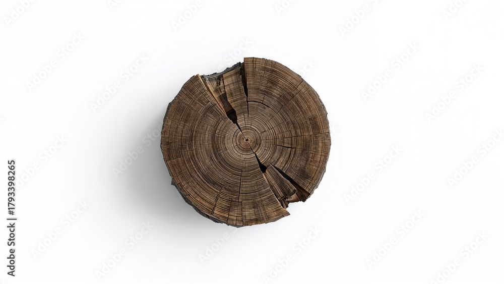Obraz premium A piece of wood log with dark brown growth rings and cracks, isolated on a white background.