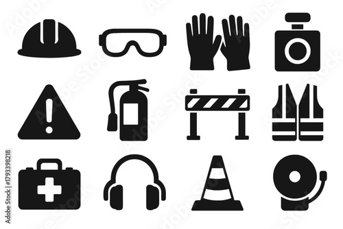 Industrial Safety Icons. Solid style icons of industrial safety: hard hat, safety goggles, gloves, emergency stop button, warning
