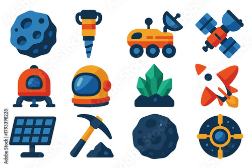 Space Mining Icons. Flat vector icons of Space Mining: Asteroid, Space Drill, Rover, Satellite, Mining Pod, Space Helmet, Mineral