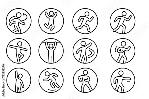 Dynamic Motion Icons. Line style round icons of motion and energy: spin, jump, run, stretch; balance, grip, flow, pulse; reach,