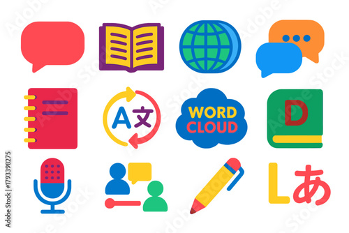 Linguistic Anthropology Icons. Flat vector icons of linguistic anthropology: speech bubble, open book, globe, conversation icons,