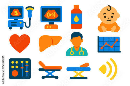 Ultrasound Icon Set. Flat vector icons of Ultrasound Imaging: Ultrasound Machine, Probe, Monitor, Gel Bottle, Baby Icon, Heart