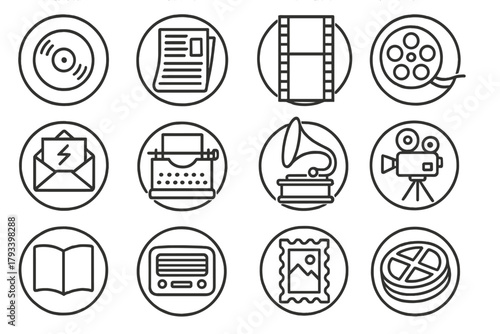 Retro Media Icons. Line style round icons of old-fashioned media: vinyl, newspaper, photo strip, film reel; telegram, typewriter,