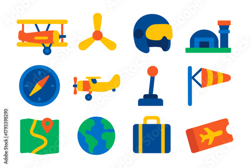 Aviation History Icons. Flat vector icons of aviation history: biplane, propeller, pilot helmet, airfield, compass, vintage