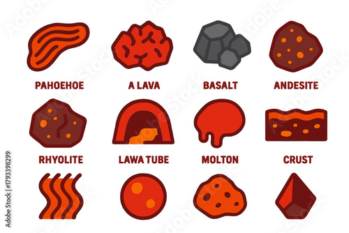 Vibrant Lava Icons. Flat vector icons of Lava Types: Pahoehoe, Aa Lava, Basalt, Andesite, Rhyolite, Lava Tube, Molten Rock, Crust,